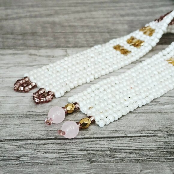 Beaded Herringbone Cross Rose Quartz Gemstone Bracelet 8 - Picture 7 of 9